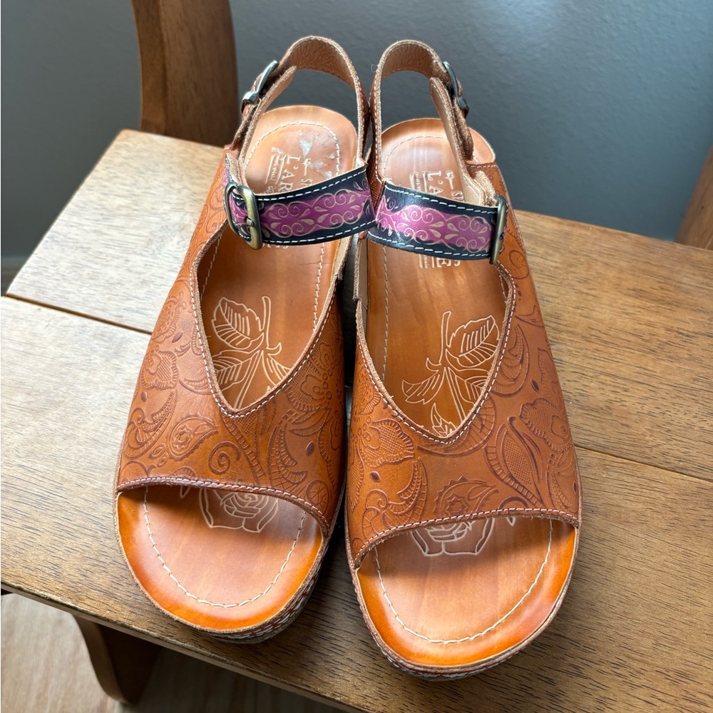 L'Artiste Spring Step Women's Genuine Leather Wedge Sandals Size 41 (US 10-10.5) - Picture 2 of 4